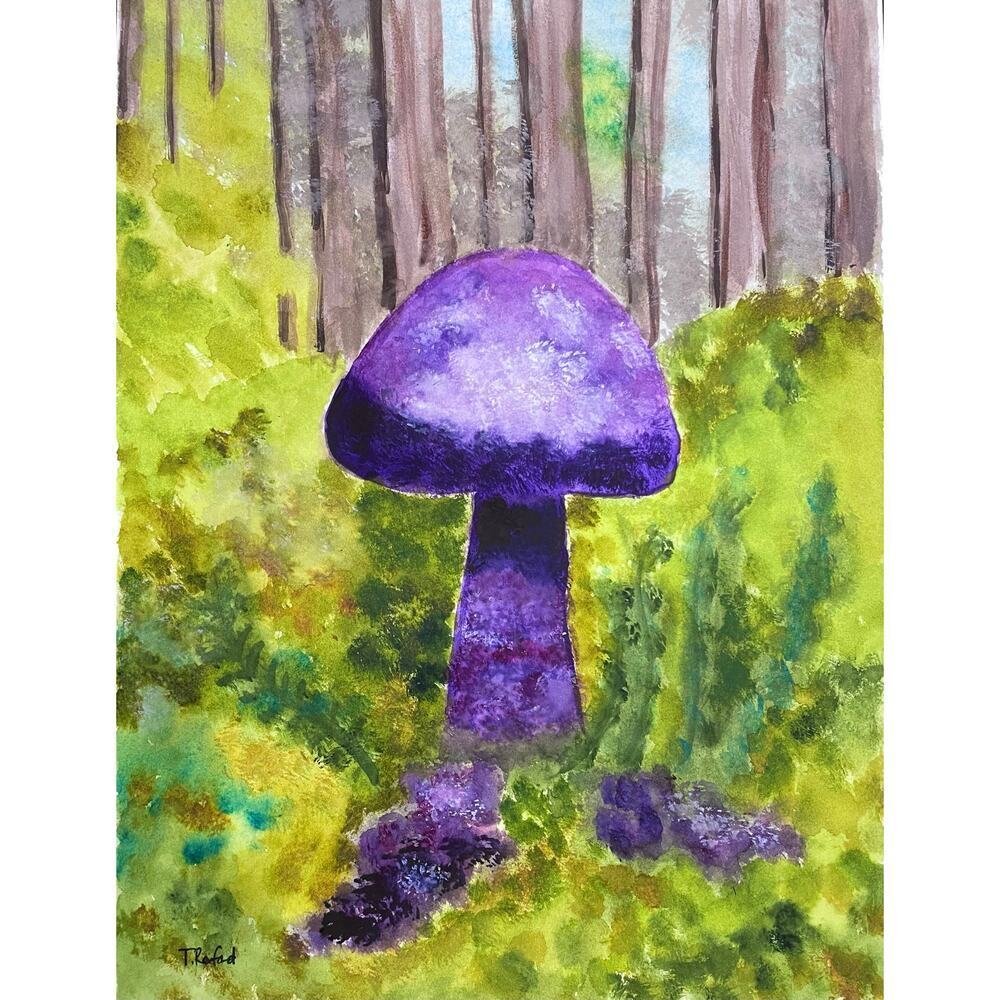 Hand painted watercolor original painting purple mushroom forest